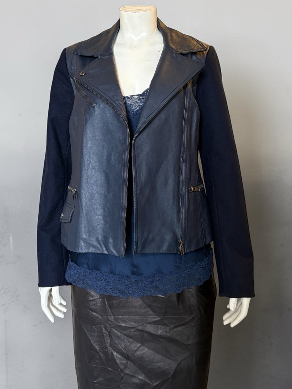 Banana Republic Lambskin Leather & Wool Moto Biker Jacket Navy Blue Size Small